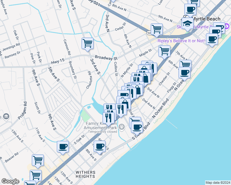 map of restaurants, bars, coffee shops, grocery stores, and more near 609 Collins Street in Myrtle Beach