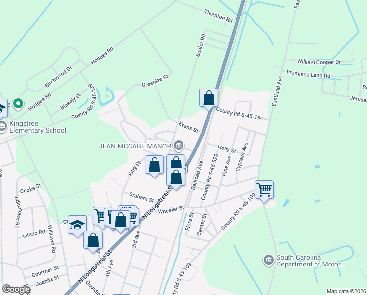 map of restaurants, bars, coffee shops, grocery stores, and more near 2-28 County Road S-45-411 in Kingstree