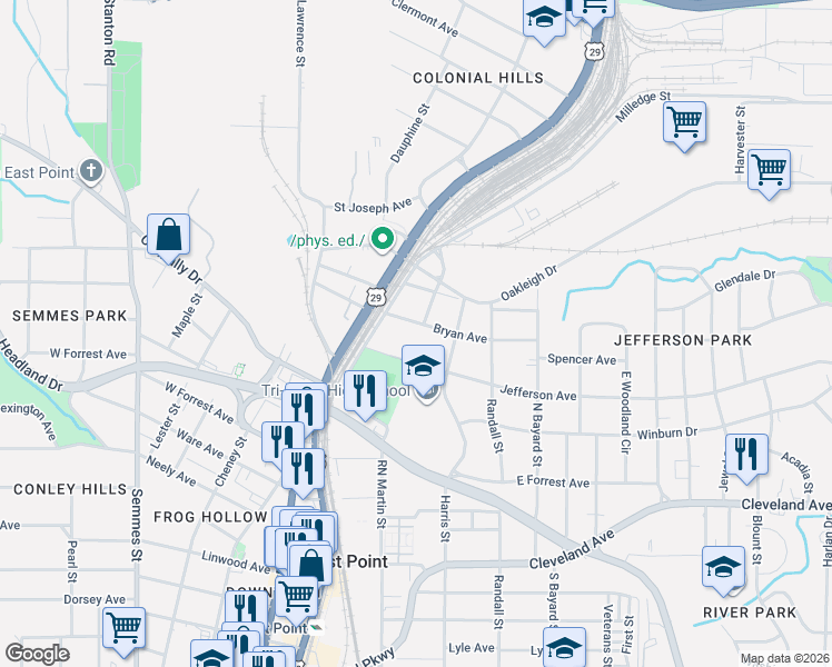 map of restaurants, bars, coffee shops, grocery stores, and more near 1458 Bryan Avenue in East Point