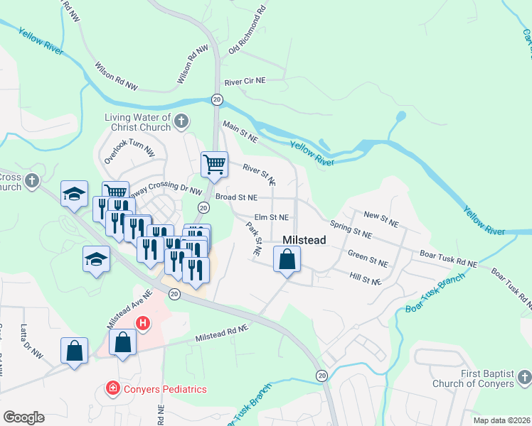 map of restaurants, bars, coffee shops, grocery stores, and more near 1588 Elm Street Northeast in Conyers