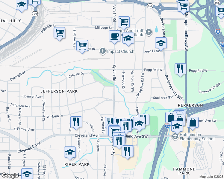 map of restaurants, bars, coffee shops, grocery stores, and more near 2493 Sylvan Road in Atlanta