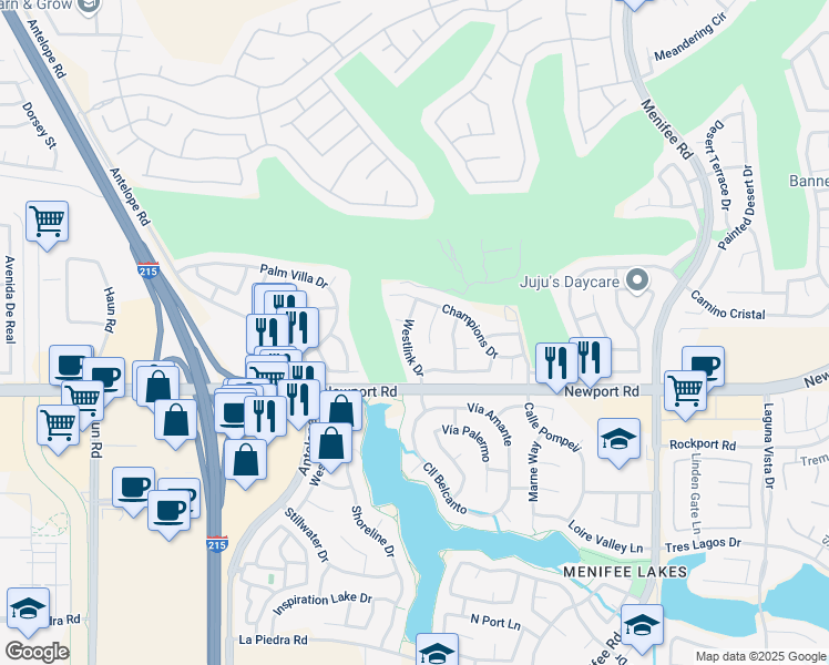 map of restaurants, bars, coffee shops, grocery stores, and more near 28411 Inverness Court in Menifee