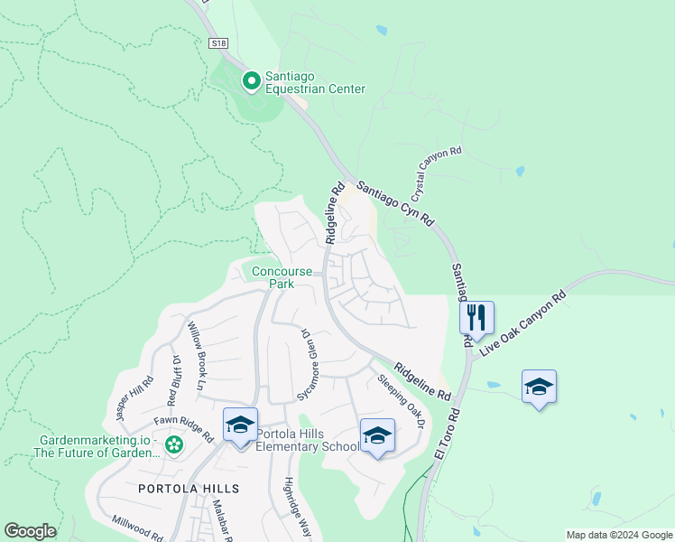 map of restaurants, bars, coffee shops, grocery stores, and more near 18912 Canyon Summit in Trabuco Canyon