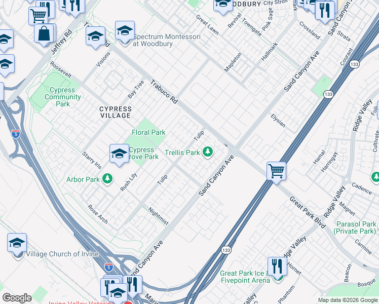 map of restaurants, bars, coffee shops, grocery stores, and more near 73 Field Poppy in Irvine