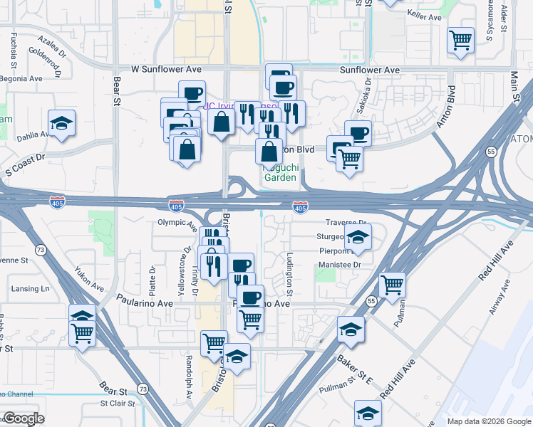 map of restaurants, bars, coffee shops, grocery stores, and more near 633 Skyview Lane in Costa Mesa