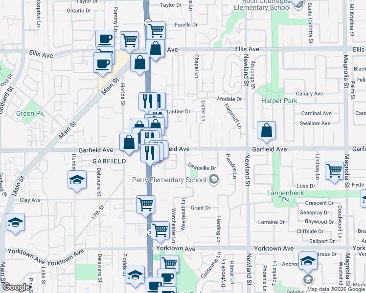 map of restaurants, bars, coffee shops, grocery stores, and more near 8191 Garfield Avenue in Huntington Beach