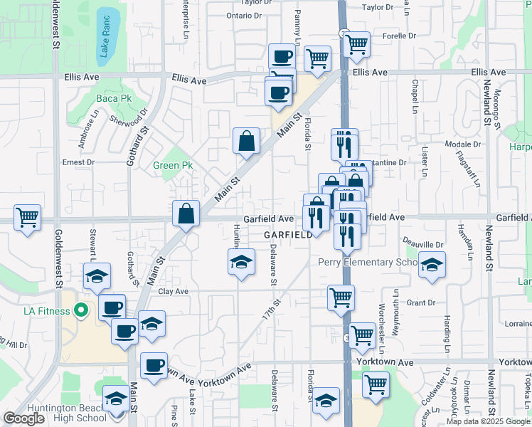 map of restaurants, bars, coffee shops, grocery stores, and more near in Huntington Beach