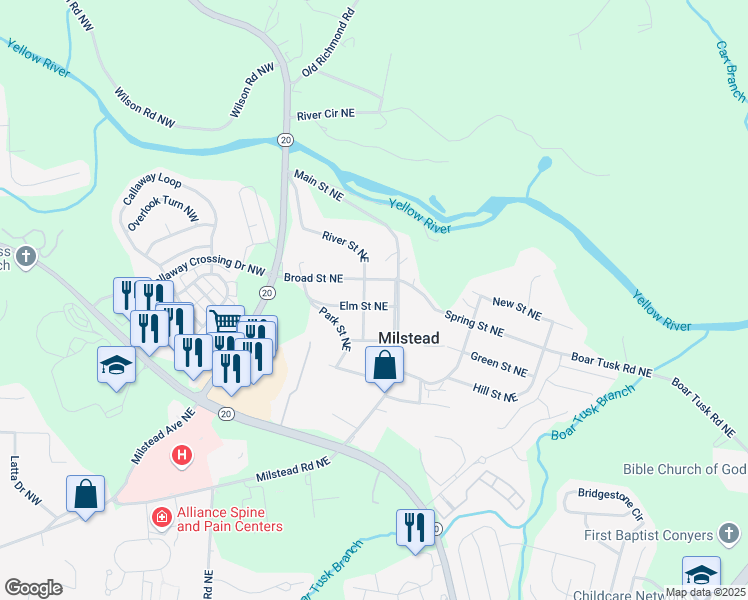 map of restaurants, bars, coffee shops, grocery stores, and more near 1610 Elm Street Northeast in Conyers