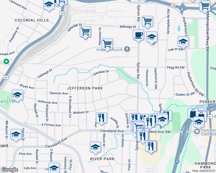 map of restaurants, bars, coffee shops, grocery stores, and more near 1048 Brookdale Drive in East Point