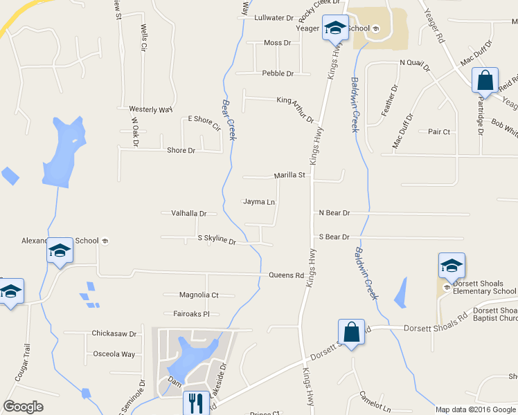 map of restaurants, bars, coffee shops, grocery stores, and more near 6190 Jayma Lane in Douglasville