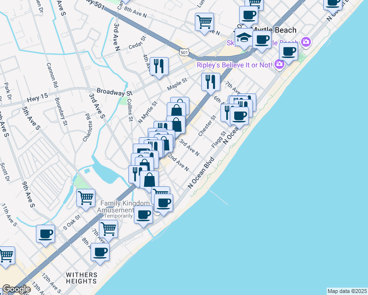 map of restaurants, bars, coffee shops, grocery stores, and more near 403 3rd Avenue North in Myrtle Beach