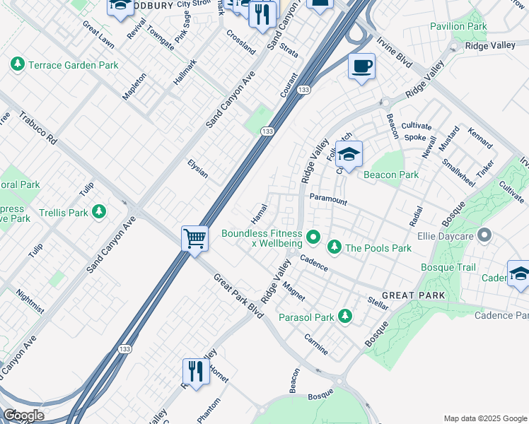 map of restaurants, bars, coffee shops, grocery stores, and more near 1186 Hamal in Irvine