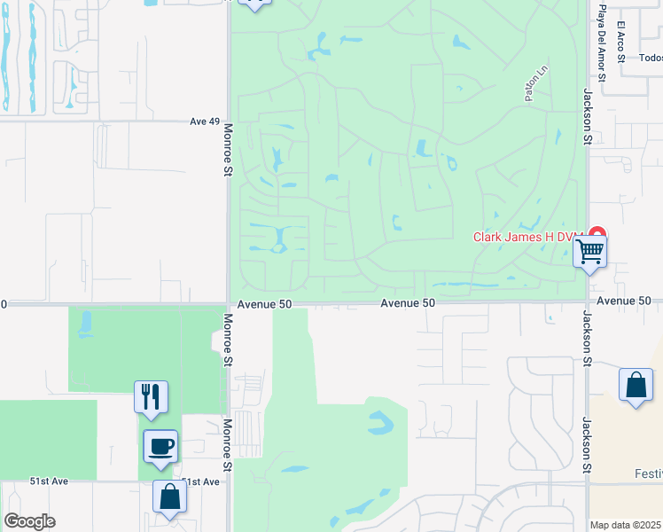 map of restaurants, bars, coffee shops, grocery stores, and more near 82381 Grant Drive in Indio
