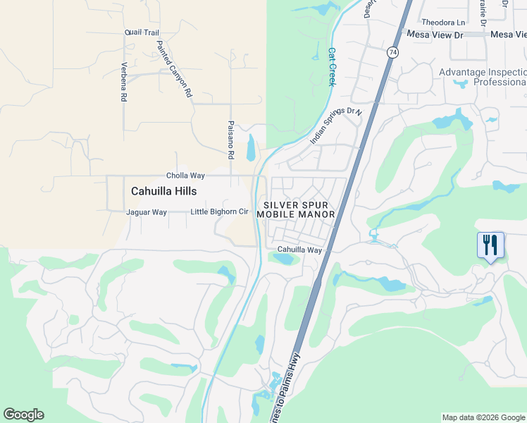 map of restaurants, bars, coffee shops, grocery stores, and more near Cat Canyon Road in Palm Desert