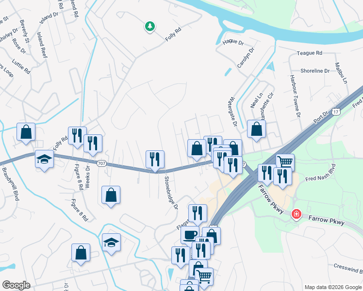 map of restaurants, bars, coffee shops, grocery stores, and more near 5526 Creon Street in Myrtle Beach