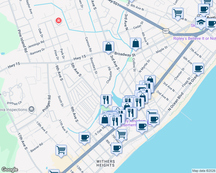 map of restaurants, bars, coffee shops, grocery stores, and more near 706 Charlotte Road in Myrtle Beach