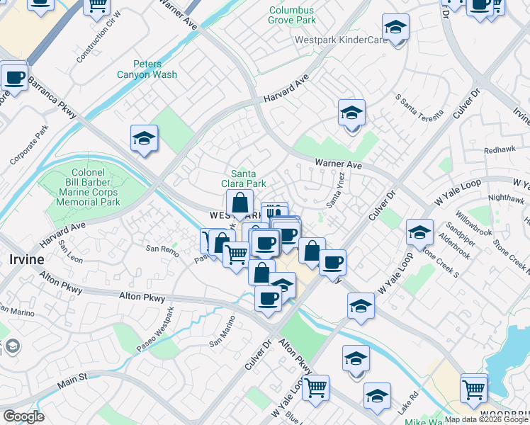 map of restaurants, bars, coffee shops, grocery stores, and more near 1503 Solvay Aisle in Irvine