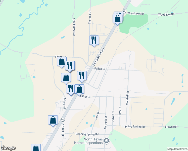 map of restaurants, bars, coffee shops, grocery stores, and more near 4835 Timberview Drive in Sherman