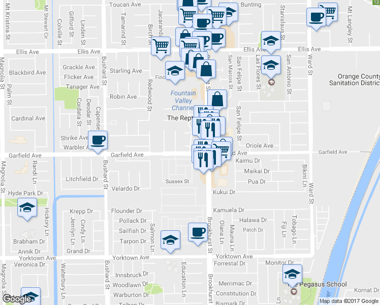map of restaurants, bars, coffee shops, grocery stores, and more near 13591 Garfield Avenue in Fountain Valley