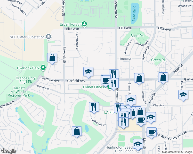 map of restaurants, bars, coffee shops, grocery stores, and more near 6816 Turf Drive in Huntington Beach
