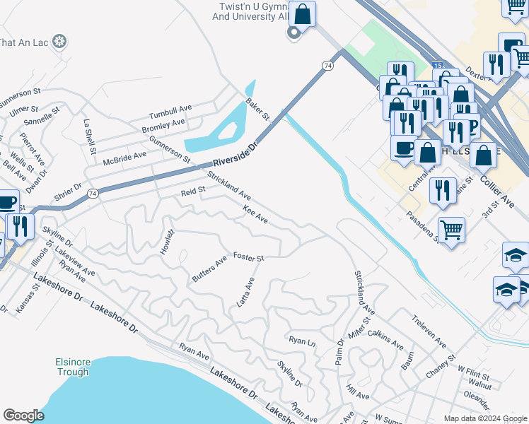 map of restaurants, bars, coffee shops, grocery stores, and more near Strickland Avenue in Lake Elsinore