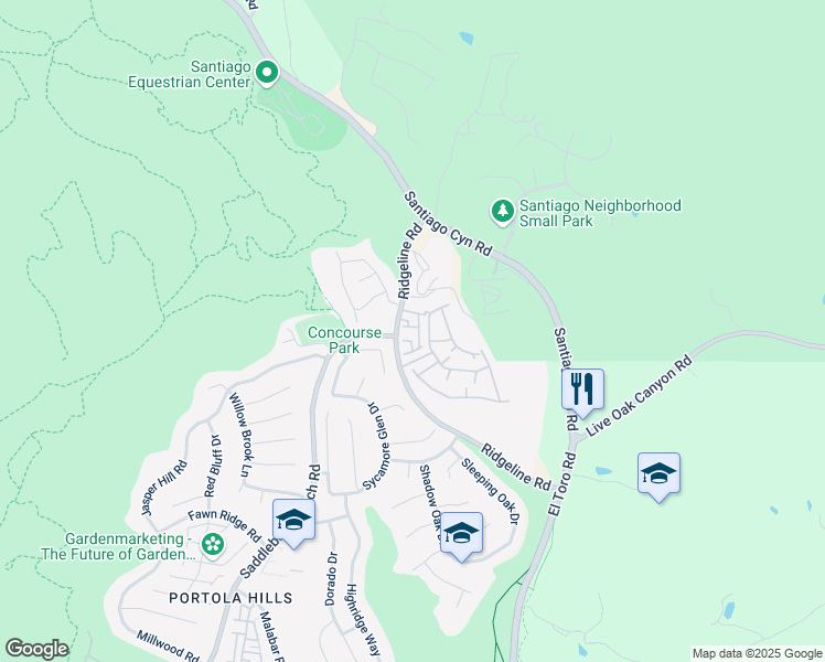 map of restaurants, bars, coffee shops, grocery stores, and more near 18952 Canyon Summit in Trabuco Canyon