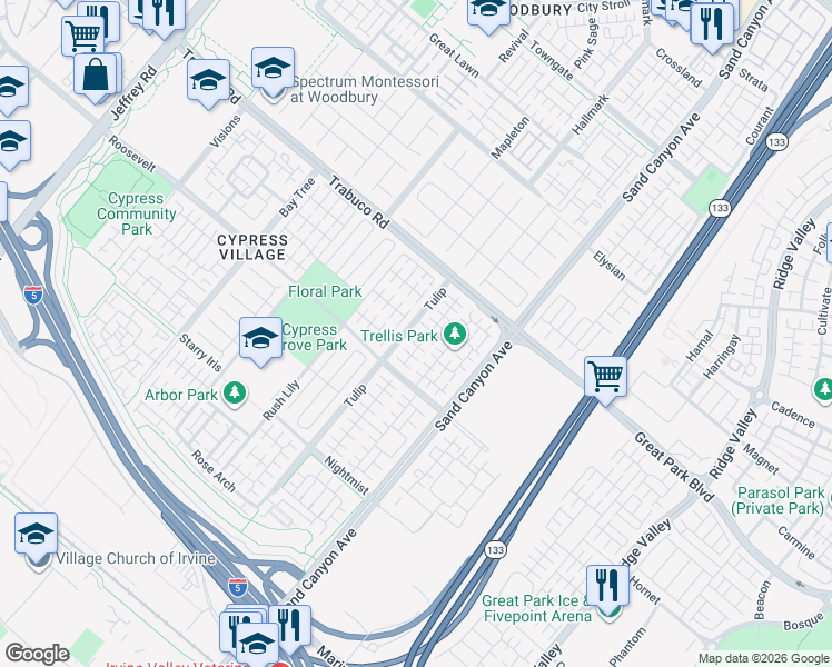 map of restaurants, bars, coffee shops, grocery stores, and more near 73 Field Poppy in Irvine