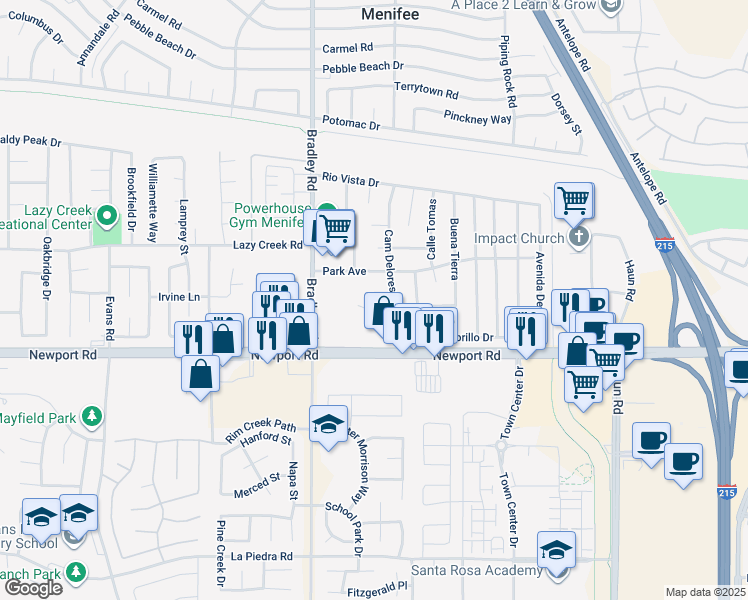 map of restaurants, bars, coffee shops, grocery stores, and more near 27165 Calle Ayrton in Menifee