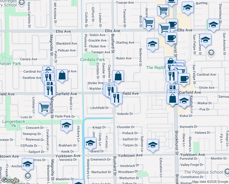map of restaurants, bars, coffee shops, grocery stores, and more near 19043 Bushard Street in Huntington Beach