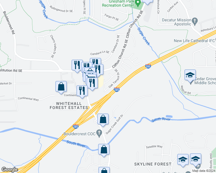 map of restaurants, bars, coffee shops, grocery stores, and more near 1980 Oak Terrace Drive Southeast in Atlanta