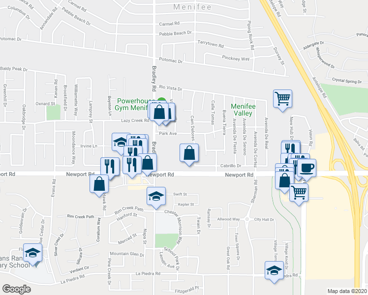 map of restaurants, bars, coffee shops, grocery stores, and more near 27165 Calle Ayrton in Menifee
