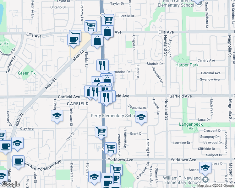 map of restaurants, bars, coffee shops, grocery stores, and more near 18982 Valley Circle in Huntington Beach