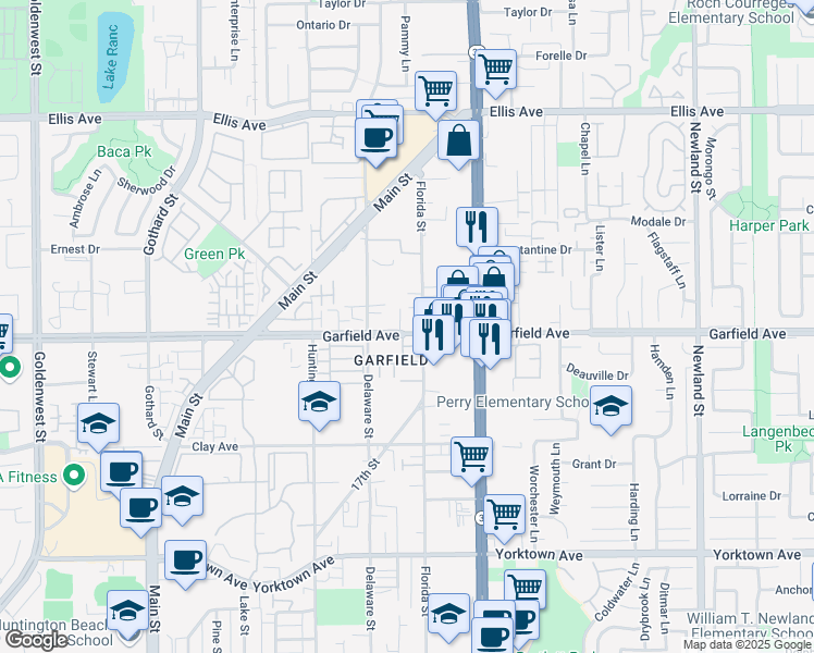 map of restaurants, bars, coffee shops, grocery stores, and more near 7851 Garfield Avenue in Huntington Beach