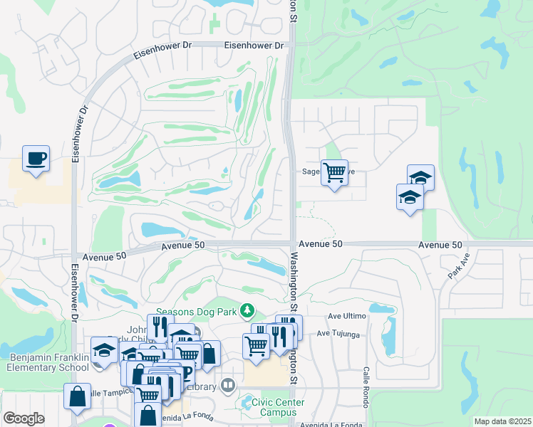 map of restaurants, bars, coffee shops, grocery stores, and more near 49813 Avenue Montero in La Quinta