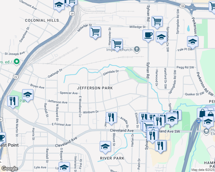 map of restaurants, bars, coffee shops, grocery stores, and more near 2495 Constance Street in East Point