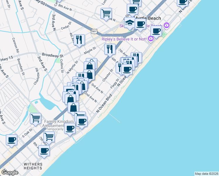 map of restaurants, bars, coffee shops, grocery stores, and more near 309 4th Avenue North in Myrtle Beach