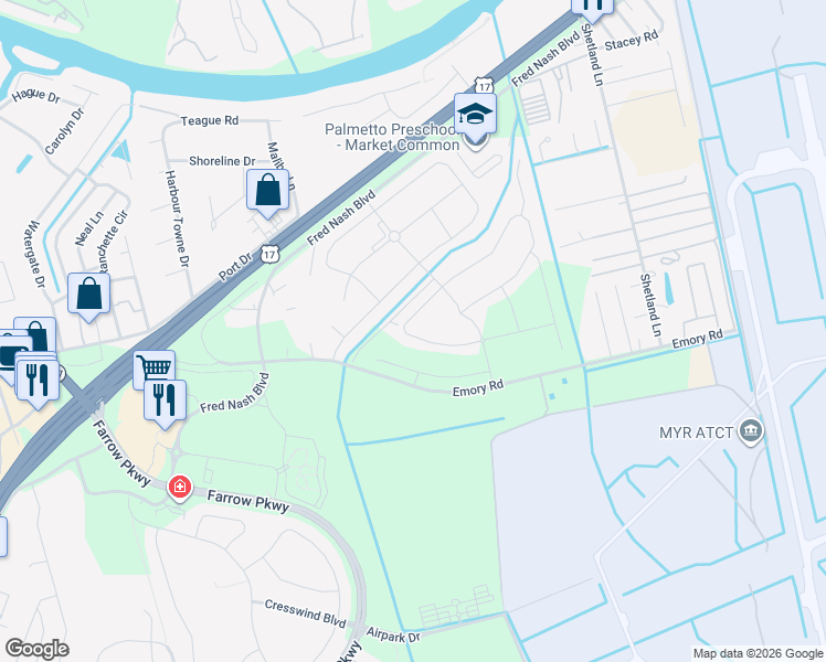 map of restaurants, bars, coffee shops, grocery stores, and more near 2645 Orion Loop in Myrtle Beach