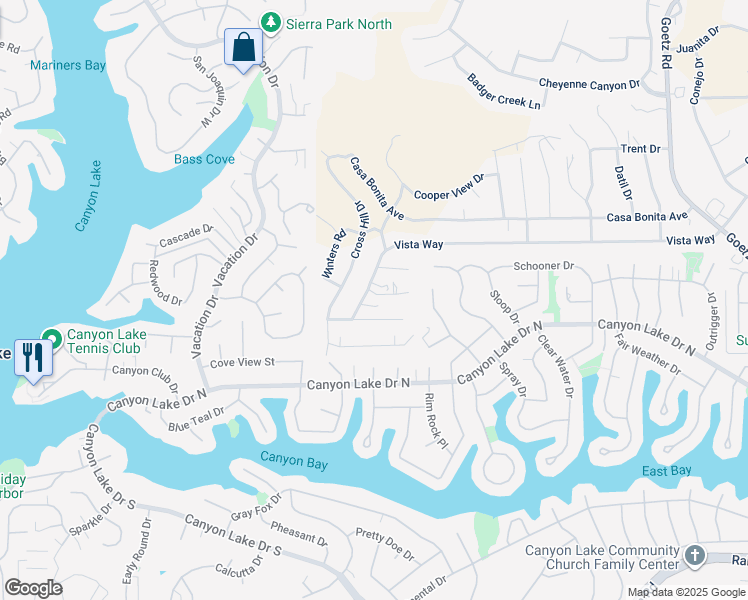map of restaurants, bars, coffee shops, grocery stores, and more near 23149 Biggs Lane in Canyon Lake