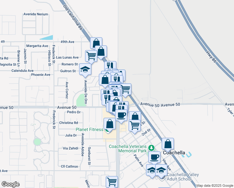 map of restaurants, bars, coffee shops, grocery stores, and more near 49715 Harrison St in Coachella