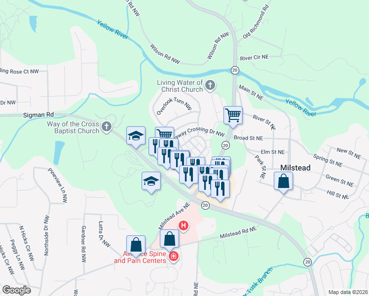 map of restaurants, bars, coffee shops, grocery stores, and more near 117 Odyssey Turn Northwest in Conyers