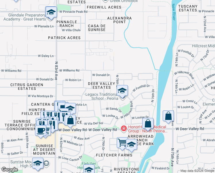 map of restaurants, bars, coffee shops, grocery stores, and more near 7966 West Foothill Drive in Peoria