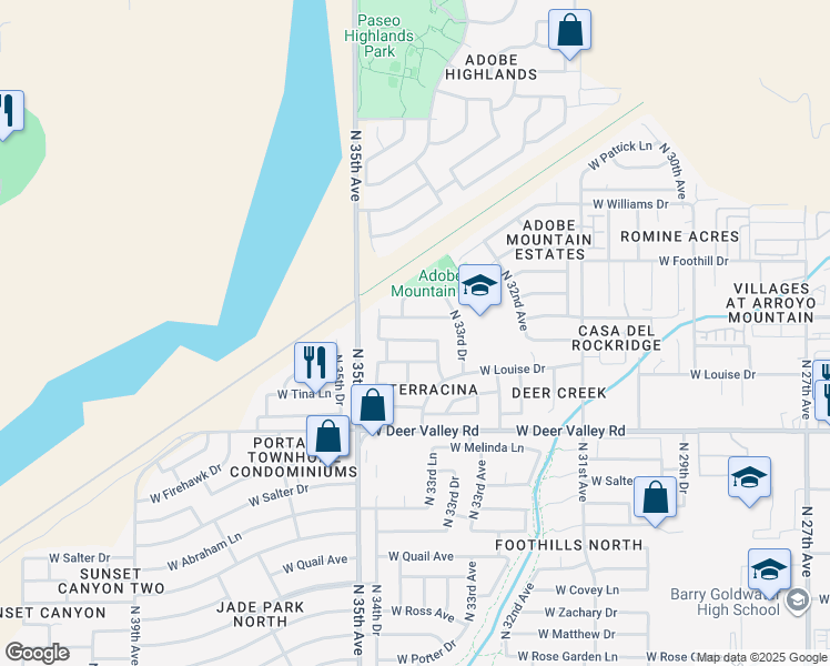 map of restaurants, bars, coffee shops, grocery stores, and more near 3422 West Los Gatos Drive in Phoenix