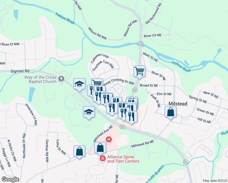 map of restaurants, bars, coffee shops, grocery stores, and more near 112 Hawkeye Lane Northwest in Conyers