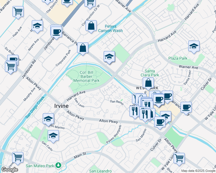 map of restaurants, bars, coffee shops, grocery stores, and more near 10 Palmieri Aisle in Irvine