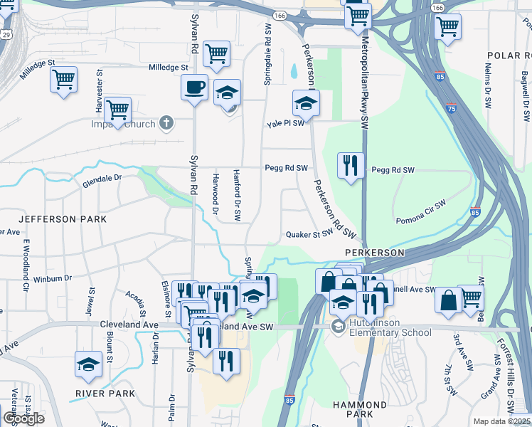 map of restaurants, bars, coffee shops, grocery stores, and more near 2476 Springdale Road Southwest in Atlanta