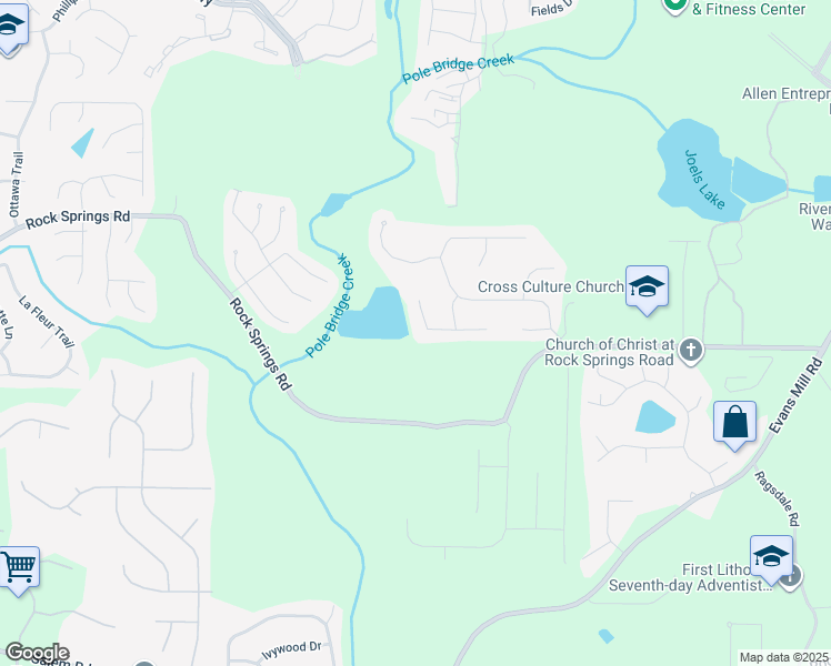 map of restaurants, bars, coffee shops, grocery stores, and more near 5943 Springfair Run in Stonecrest