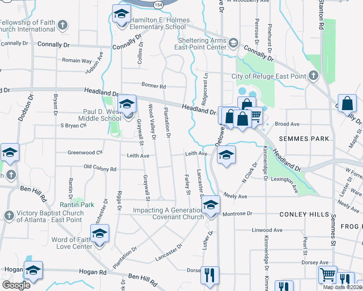 map of restaurants, bars, coffee shops, grocery stores, and more near 2533 Farley Street in East Point