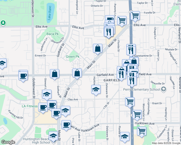 map of restaurants, bars, coffee shops, grocery stores, and more near 7556 Ocean Point Drive in Huntington Beach