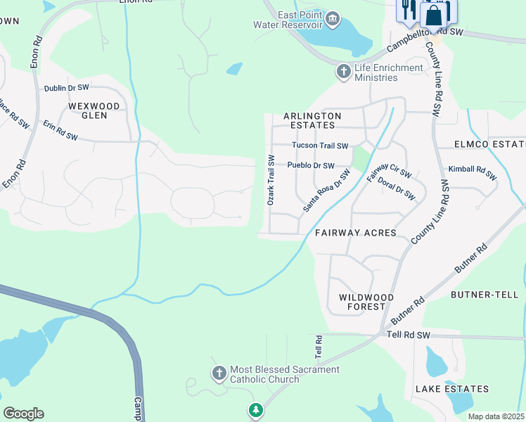 map of restaurants, bars, coffee shops, grocery stores, and more near 2503 Ozark Trail Southwest in Atlanta