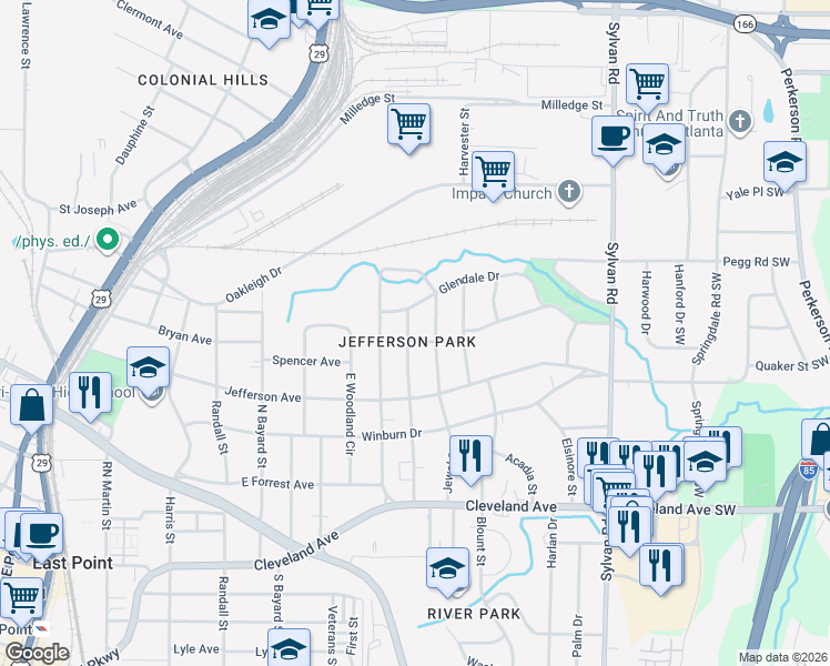 map of restaurants, bars, coffee shops, grocery stores, and more near 2494 Batavia Street in East Point